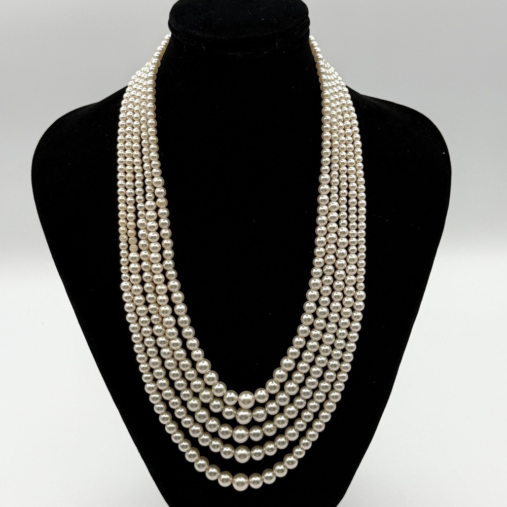 Vintage Multi Strand Faux Pearl Necklace Ivory Graduated Magnetic Clasp Layered